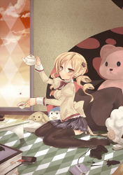Rule 34 | 10s, 1girl, absurdres, bird, black thighhighs, blonde hair, book, breasts, cake, carpet, charlotte (madoka magica), controller, cup, decantering, drill hair, food, frown, game console, game controller, hair ornament, handheld game console, highres, kinjo kuromomo, kneeling, large breasts, mahou shoujo madoka magica, mahou shoujo madoka magica (anime), penguin, plaid, plaid skirt, playstation portable, pleated skirt, rabbit, school uniform, sheep, shirt, skirt, solo, stain, stuffed animal, stuffed toy, sunset, table, taut clothes, taut shirt, teacup, teapot, teddy bear, thighhighs, tomoe mami, wii, wii remote, window, yellow eyes