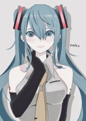 Rule 34 | 1girl, bare shoulders, black gloves, blue eyes, blue hair, breasts, character name, closed mouth, collarbone, collared shirt, commentary request, cropped torso, dress shirt, ear piercing, elbow gloves, expressionless, gloves, grey background, grey shirt, hair between eyes, hand on own neck, hatsune miku, long hair, necktie, piercing, shirt, simple background, sleeveless, sleeveless shirt, solo, tie clip, turn3341, twintails, upper body, vocaloid, yellow necktie