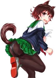 Rule 34 | 1girl, animal ears, ass, black pantyhose, blue jacket, brown hair, cat ears, cat tail, commentary request, from behind, gradient hair, green sailor collar, green skirt, highres, hood, hooded jacket, hoodie, jacket, kantai collection, knck, looking at viewer, multicolored hair, mutsuki (kancolle), mutsuki kai ni (kancolle), open mouth, panties, panties under pantyhose, pantyhose, paper, red hair, round teeth, sailor collar, school uniform, serafuku, short hair, simple background, skirt, solo, standing, standing on one leg, tail, teeth, thighband pantyhose, underwear, upper teeth only, white background, white panties