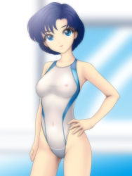 Rule 34 | 1990s (style), 1girl, bishoujo senshi sailor moon, blue eyes, blue hair, breasts, competition swimsuit, covered erect nipples, female focus, hand on own hip, highres, matching hair/eyes, medium breasts, mizuno ami, nipples, one-piece swimsuit, parted lips, retro artstyle, samejima minoru, see-through, shirt, short hair, solo, swimsuit, taut clothes, taut shirt