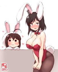 Rule 34 | 2girls, :3, aged down, alternate costume, animal costume, animal ears, black hair, black legwear, blush, bow, bowtie, breasts, brown hair, cleavage, dated, detached collar, embarrassed, fake animal ears, hair flaps, headgear, highres, kanon (kurogane knights), kantai collection, large breasts, leotard, logo, multiple girls, pantyhose, playboy bunny, rabbit ears, rabbit tail, red eyes, red leotard, shigure (kancolle), short hair, signature, simple background, strapless, strapless leotard, tail, wrist cuffs, yamashiro (kancolle)