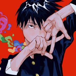 Rule 34 | 1boy, absurdres, black hair, commentary, covered mouth, english commentary, fingernails, gakuran, hands up, heart, highres, infinity symbol, kageyama ritsu, long sleeves, looking at viewer, male focus, mob psycho 100, neige404, one eye covered, own hands together, red background, school uniform, short hair, simple background, smoke, solo, upper body