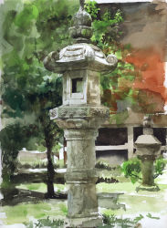 Rule 34 | highres, misawa hiroshi, original, painting (medium), scenery, shrine, stone lantern, traditional media, watercolor (medium)