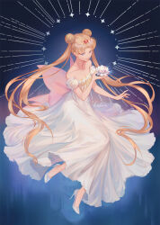 Rule 34 | 1girl, artist name, bare shoulders, bishoujo senshi sailor moon, blonde hair, blue eyes, blue footwear, commentary request, cursive, double bun, dress, flower, full body, hair bun, high heels, highres, holding, holding flower, koichame, long hair, looking at flowers, princess serenity, pumps, shoes, smile, solo, stiletto heels, strapless, strapless dress, tiara, tsukino usagi, twintails, very long hair, white dress, white footwear