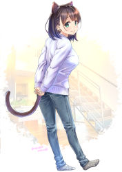 Rule 34 | 1girl, ai-chan (tawawa), animal ears, arms behind back, blush, braid, breasts, brown hair, cat ears, cat tail, commentary request, denim, getsuyoubi no tawawa, green eyes, house, kemonomimi mode, large breasts, looking at viewer, looking to the side, nanase meruchi, railing, short hair, side braid, signature, smile, socks, solo, stairs, sweater, tail, twitter username