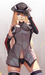 Rule 34 | 10s, 1girl, absurdres, bare shoulders, bismarck (kancolle), black gloves, black panties, blonde hair, blue eyes, breasts, cameltoe, detached sleeves, gloves, gradient background, grey thighhighs, hand on own hip, hat, highres, kantai collection, long hair, long sleeves, looking at viewer, md5 mismatch, military, military hat, military uniform, nian (zhanian), no pants, panties, solo, thighhighs, thighs, underwear, uniform, very long hair