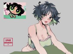 Rule 34 | 1girl, aged up, alternate breast size, artist name, black hair, blush, bra, breasts, buttercup (ppg), buttercup redraw challenge (meme), cleavage, frills, green bra, green eyes, green hair, grey background, highres, kamii momoru, large breasts, looking at viewer, meme, multicolored hair, powerpuff girls, reference inset, reference photo, screenshot inset, shadow, simple background, smile, solo, two-tone hair, underwear, upper body
