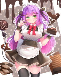 Rule 34 | 1girl, absurdres, alternate costume, apron, back bow, black dress, black ribbon, black thighhighs, blunt bangs, bow, bowtie, box, breasts, brown background, buttons, cake, candy, chocolate, chocolate cake, chocolate heart, collared shirt, commentary request, cookie, demon girl, demon tail, double-breasted, dress, earrings, floating hair, food, frilled apron, frilled cuffs, frilled dress, frills, fruit, gift, gift box, green eyes, hair ornament, hair ribbon, hairclip, heart, highres, holding, holding chocolate, holding food, holding plate, hololive, hoshino reiji, jewelry, large breasts, licking lips, light blush, long hair, looking at viewer, maid, maid apron, maid headdress, outline, partial commentary, plate, pleated dress, polka dot, polka dot background, puffy short sleeves, puffy sleeves, purple hair, red bow, red bowtie, ribbon, shirt, short sleeves, sidelocks, simple background, single earring, strawberry, tail, thighhighs, tokoyami towa, tongue, tongue out, two-tone background, two side up, virtual youtuber, walking, white apron, white background, white bow, white outline, white shirt, wrist cuffs