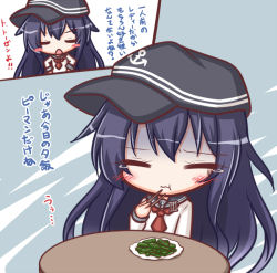 Rule 34 | 10s, 1girl, akatsuki (kancolle), ascot, blush stickers, chibi, chopsticks, eating, closed eyes, flat cap, food, food in mouth, hands on own hips, hat, kantai collection, komakoma (magicaltale), purple hair, school uniform, serafuku, solo, table, tears, translation request, uu~, wavy mouth