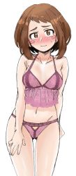 Rule 34 | 10s, 1girl, bare arms, bare shoulders, blush, blush stickers, boku no hero academia, breasts, brown eyes, brown hair, cleavage, embarrassed, lingerie, looking at viewer, medium breasts, midriff, navel, nervous, panties, revealing clothes, simple background, solo, standing, stomach, thighs, underwear, uraraka ochako, white background