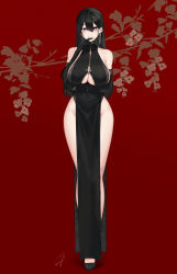 Rule 34 | 1girl, bare shoulders, black dress, black gloves, black hair, blush, breast hold, breasts, china dress, chinese clothes, classy-black-haired girl (hayabusa), cleavage, clothing cutout, covered navel, dress, elbow gloves, full body, gloves, hair between eyes, hand on own hip, hayabusa, highres, large breasts, long hair, looking at viewer, mole, mole on breast, mole under eye, mole under mouth, original, purple eyes, smile, solo, standing, underboob, underboob cutout, wide hips
