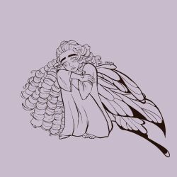 Rule 34 | 1girl, artist name, barefoot, butterfly wings, commentary, curly hair, dress, english commentary, full body, greyscale, highres, hugging own legs, imovyn, insect wings, lineart, long hair, lucia chavet, monochrome, procreate (medium), sad, simple background, sketch, solo, suitor armor, thick eyebrows, very long hair, wings