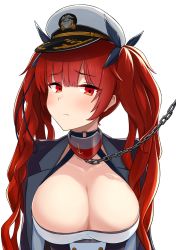 Rule 34 | 1girl, azur lane, black ribbon, blush, breasts, chain, closed mouth, fu soulwave, hair ribbon, hat, highres, honolulu (azur lane), large breasts, long hair, peaked cap, red eyes, red hair, ribbon, simple background, solo, sweatdrop, upper body, white background
