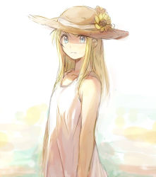 Rule 34 | 1girl, arms at sides, bare arms, bare shoulders, blonde hair, blue background, blue eyes, dress, expressionless, flat chest, flower, fullmetal alchemist, gradient background, hair flower, hair ornament, hat, long hair, looking away, lowres, orange background, pink background, riru, shaded face, simple background, sleeveless, sleeveless dress, solo, standing, straw hat, sunflower, upper body, white background, white dress, winry rockbell, yellow flower