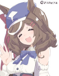 Rule 34 | 1girl, animal ears, blue bow, blue hat, bow, breasts, brown hair, buttons, cabbie hat, closed eyes, clothing cutout, hair ornament, hairclip, hat, highres, horse ears, horse girl, irie keisuke (handn), long hair, long sleeves, matikane tannhauser (umamusume), medium breasts, multicolored hair, open mouth, shoulder cutout, simple background, smile, solo, streaked hair, twitter username, umamusume, upper body, white background, white hair