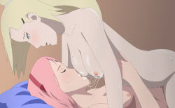Rule 34 | 2girls, bent over, blonde hair, blue eyes, blush, boruto: naruto next generations, breast sucking, breasts, closed eyes, completely nude, facial mark, female focus, flat chest, forehead mark, from side, girl on top, hairband, haruno sakura, highres, ino yamanaka, looking at another, lying on person, mature female, moaning, multiple girls, naruto, naruto (series), nude, optimystic, oral, petite, pink hair, ponytail, saliva, saliva trail, saliva trail, sex, sideboob, small breasts, sweat, sweatdrop, wet, yuri