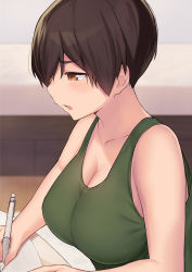 Rule 34 | 1girl, bare shoulders, blush, breasts, brown eyes, brown hair, cccpo, cleavage, collarbone, covered erect nipples, green tank top, highres, holding, holding pen, huge breasts, large breasts, open mouth, original, pen, pixie cut, short hair, solo, tank top, textless version, tomboy