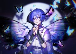 1boy armor blunt_ends bug butterfly butterfly_wings elicooc eyeliner eyeshadow feathers fingernails full_moon genshin_impact hair_between_eyes highres insect insect_wings japanese_armor japanese_clothes kariginu kimono kote kurokote layered_clothes layered_kimono layered_sleeves lips makeup male_focus moon moon_background own_hands_clasped own_hands_together parted_lips pelvic_curtain pom_pom_(clothes) purple_eyes purple_hair purple_kimono purple_sleeves red_eyeliner red_eyeshadow scaramouche_(genshin_impact) scaramouche_(kabukimono)_(genshin_impact) signature sleeves_past_elbows solo upper_body white_kimono white_sleeves wide_sleeves wings yellow_feathers