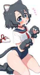 Rule 34 | 1girl, animal ear fluff, animal ears, animal hands, animal shoes, black fur, black hair, blue eyes, blue one-piece swimsuit, blush, cat ears, cat girl, cat paws, cat tail, choker, commentary, covered navel, dot nose, double-parted bangs, gloves, head tilt, highres, kaban (kemono friends), kemono friends, looking at viewer, neckerchief, one-piece swimsuit, open mouth, paw gloves, paw pose, ransusan, red choker, red neckerchief, red ribbon, ribbon, school uniform, see-through, see-through shirt, serafuku, shirt, short hair, short sleeves, simple background, sitting, solo, swimsuit, tail, tail ornament, tail ribbon, thighs, translated, wariza, wavy hair, wet, white background, white shirt