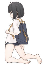 Rule 34 | 1girl, 1ssakawaguchi, adjusting strap, ahoge, backpack, bag, barefoot, black hair, blue eyes, blue shorts, blunt bangs, blush, bob cut, commentary, from behind, from side, full body, highres, holding strap, kneeling, looking ahead, original, shirt, short hair, short shorts, short sleeves, shorts, simple background, soles, solo, t-shirt, toes, white background, white shirt
