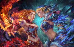 Rule 34 | 2girls, amulet, april dede, armband, armor, bare shoulders, bikini armor, blonde hair, blue eyes, bra, breasts, cleavage, collar, corset, dota (series), dota 2, earrings, eye contact, fiery hair, fire, flaming hand, from side, gem, glowing, glowing eyes, glowing hand, hood, ice, jewelry, large breasts, looking at another, makeup, multiple girls, navel, necklace, open mouth, orange eyes, original, parted lips, pendant, profile, red hair, skirt, stomach, tattoo, underwear