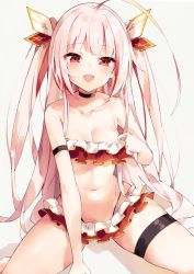 Rule 34 | 1girl, :d, ahoge, arm strap, azur lane, bare shoulders, between legs, bikini, black choker, breasts, choker, collarbone, frilled bikini, frills, hair ornament, highres, long hair, looking at viewer, multicolored hair, navel, open mouth, red eyes, simple background, sitting, small breasts, smile, solo, spread legs, stomach, streaked hair, string bikini, swimsuit, thigh strap, thighs, two-tone bikini, two side up, unacchi (nyusankin), vauquelin (azur lane), vauquelin (innocent summer knight) (azur lane), very long hair, white background, white hair
