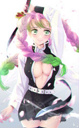 Rule 34 | 1girl, arm up, bad id, bad pixiv id, black jacket, black skirt, black thighhighs, blouse, blurry, blurry foreground, braid, breasts, cherry blossoms, cleavage, closed mouth, collared shirt, cowboy shot, dress shirt, floating hair, gradient hair, green eyes, green hair, highres, holding, holding sword, holding weapon, jacket, kanroji mitsuri, kimetsu no yaiba, large breasts, long hair, long sleeves, looking at viewer, miniskirt, mole, mole under eye, multicolored hair, no bra, open clothes, open jacket, open shirt, pink hair, pleated skirt, shirt, skirt, sleeveless, sleeveless jacket, smile, solo, sparkle, standing, sword, thighhighs, unbuttoned, unbuttoned shirt, user epjt2888, very long hair, weapon, white shirt, wing collar, zettai ryouiki