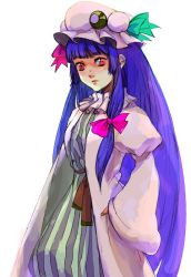 Rule 34 | 1girl, alternate eye color, bad id, bad pixiv id, blunt bangs, cloak, crescent, crescent moon, dress, female focus, hair ribbon, hat, hime cut, juliet sleeves, kodamahikari, long hair, long sleeves, moon, patchouli knowledge, puffy long sleeves, puffy sleeves, purple hair, red eyes, ribbon, sleeves past wrists, solo, striped clothes, striped dress, touhou, tress ribbon, vertical stripes, very long hair, white background, wide sleeves