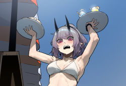 Rule 34 | 1girl, bikini, blue sky, breasts, day, gogalking, hands up, holding, holding tray, horns, looking at viewer, medium breasts, open mouth, outdoors, pink eyes, pointy ears, ponytail, purple eyes, sky, slit pupils, solo, swimsuit, tray, white bikini, wide-eyed, wristband