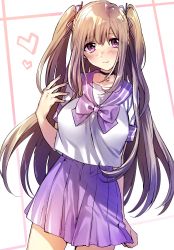 Rule 34 | 1girl, arm behind back, blush, breasts, brown hair, closed mouth, cowboy shot, dutch angle, hair ribbon, hand up, heart, high-waist skirt, highres, large breasts, light smile, long hair, looking at viewer, maruchi, original, pleated skirt, purple eyes, purple ribbon, purple skirt, ribbon, school uniform, serafuku, sidelocks, simple background, skirt, smile, solo, two side up, very long hair, white background