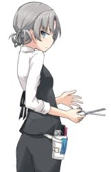 Rule 34 | 1girl, belt, black pants, black vest, closed mouth, commentary, cowboy shot, dress shirt, from behind, frown, grey eyes, half-closed eyes, holding, holding scissors, holster, kakizaki (chou neji), kantai collection, looking at viewer, looking back, nowaki (kancolle), pants, profile, scissors, shirt, short hair, silver hair, simple background, solo, standing, vest, white background, white belt, white shirt