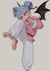 Rule 34 | 1girl, alternate costume, alternate hairstyle, artist name, baggy pants, bat wings, blue hair, chinese clothes, chinese commentary, clenched teeth, colored sclera, commentary request, double bun, feet out of frame, fighting stance, fkey, flats, grey background, hair bun, hair ribbon, highres, leg up, long sleeves, no headwear, pants, pink footwear, pink sclera, pink shirt, red eyes, red ribbon, red sash, remilia scarlet, ribbon, sash, shirt, short hair, signature, simple background, solo, standing, standing on one leg, teeth, touhou, v-shaped eyebrows, white pants, wide sleeves, wings