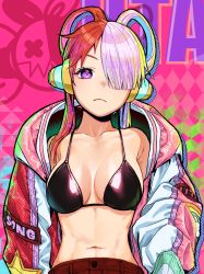 Rule 34 | 1girl, abs, absurdres, alternate costume, asymmetrical hair, bikini, bikini top only, black bikini, blonde hair, blue hair, breasts, character name, cleavage, closed mouth, coat, collarbone, colorful, commentary, expressionless, eyelashes, green hair, hair over one eye, hair rings, headphones, highres, long hair, looking at viewer, medium breasts, multicolored coat, multicolored hair, navel, one piece, open clothes, open coat, pants, patterned background, purple eyes, red hair, red pants, solo, stomach, swimsuit, toned, twintails, upper body, urasanmyaku, uta (one piece), white hair