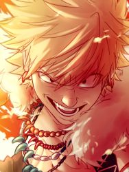 Rule 34 | 1boy, alternate costume, bakugou katsuki, bead necklace, beads, blonde eyebrows, blonde hair, boku no hero academia, cape, ceejles, collarbone, ear piercing, earrings, eyebrows, fang, fantasy, fire, fur trim, hair between eyes, highres, jewelry, looking at viewer, male focus, necklace, open mouth, pale skin, pectorals, piercing, red eyes, short hair, smirk, solo, solo focus, spiked hair, teeth, tongue, topless male