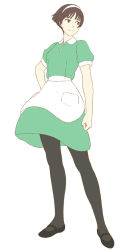 Rule 34 | 00s, 1girl, apron, brown eyes, brown hair, dress, female focus, flat color, full body, gake no ue no ponyo, hairband, hand on own hip, jas (littlecrime), lisa (ponyo), looking to the side, mary janes, pantyhose, shoes, simple background, solo, white background