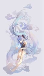 Rule 34 | 1girl, anklet, bare shoulders, barefoot, black bodysuit, blue hair, bodysuit, chinese knot, closed eyes, cloud, flower knot, full body, ganyu (genshin impact), genshin impact, goat horns, grey background, highres, horns, jewelry, long hair, orb, oriori 0201, solo, thighs, vision (genshin impact)