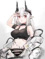 Rule 34 | 1girl, arknights, bandaged arm, bandages, black tank top, breasts, cleavage, coat, commentary, cowboy shot, crop top, demon horns, earrings, english commentary, female focus, gnai, hair between eyes, highres, horns, infection monitor (arknights), jewelry, long hair, looking at viewer, material growth, medium breasts, midriff, mudrock (arknights), mudrock (elite ii) (arknights), navel, off shoulder, open clothes, open coat, open mouth, oripathy lesion (arknights), pointy ears, red eyes, sarashi, silver hair, simple background, solo, straight hair, sweat, tank top, white background, white coat, wiping sweat
