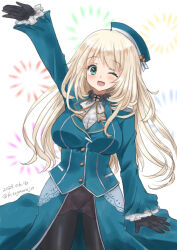 Rule 34 | 1girl, arm up, ascot, atago (kancolle), beret, black gloves, black pantyhose, black skirt, blonde hair, blue hat, breasts, commentary request, gloves, green eyes, green jacket, hat, jacket, kantai collection, kitagawa mikio, large breasts, long hair, military, military uniform, one-hour drawing challenge, one eye closed, pantyhose, skirt, solo, uniform, waving, white ascot