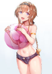 Rule 34 | 1girl, absurdres, arm strap, ball, beachball, black hairband, blue background, blue eyes, blue shorts, braid, breasts, cowboy shot, gradient background, hairband, highres, interstellar, kantai collection, large breasts, long hair, looking at viewer, micro shorts, navel, open mouth, orange hair, shorts, simple background, smile, solo, teruzuki (kancolle), thighs