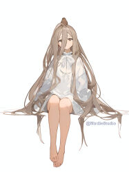 Rule 34 | 1girl, absurdly long hair, animal, animal on head, artist name, barefoot, brown hair, commentary, english commentary, feet, full body, hair between eyes, long hair, looking at viewer, nirdlestudio, on head, sense (sousou no frieren), sitting, solo, sousou no frieren, toes, very long hair, white background