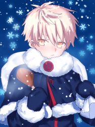 Rule 34 | 1boy, aged down, arthur pendragon (fate), artoria pendragon (all), artoria pendragon (fate), bad id, bad pixiv id, capelet, chicken leg, child, closed mouth, fate/grand order, fate/prototype, fate (series), fur trim, looking at viewer, male focus, platinum blonde hair, saber alter, sack, santa alter, santa lily, seseragi azuma, snowflakes, snowing, solo, yellow eyes