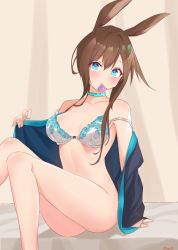 Rule 34 | 1girl, amiya (arknights), animal ears, arknights, arm support, black jacket, blue eyes, bottomless, bra, breasts, brown hair, condom, condom in mouth, condom wrapper, hair between eyes, highres, jacket, jewelry, lace, lace-trimmed bra, lace trim, long hair, long sleeves, looking at viewer, mouth hold, multiple rings, neck ring, off shoulder, open clothes, ponytail, rabbit ears, ring, sidelocks, sitting, solo, thighs, underwear, vayneeeee