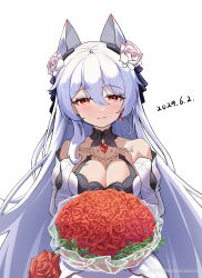 Rule 34 | 2024, absurdres, animal ear hairband, animal ears, bare shoulders, bat tattoo, bouquet, breasts, chest tattoo, cleavage, dated, detached sleeves, earrings, fake animal ears, flower, hair between eyes, hair flower, hair ornament, hairband, highres, holding, holding bouquet, honkai (series), honkai impact 3rd, jewelry, kessokuband, large breasts, light blush, long hair, looking at viewer, miyoushe watermark, official alternate costume, red eyes, red flower, red rose, rose, sidelocks, simple background, smile, straight-on, tattoo, theresa apocalypse, theresa apocalypse (luna kindred), theresa apocalypse (lunar vow: crimson love), theresa apocalypse (till death do us part) (honkai impact), very long hair, white background, white flower, white hair, white rose, white sleeves