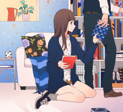 Rule 34 | 1boy, 1girl, bad id, bad pixiv id, book, bookshelf, brown eyes, brown hair, couch, cup, head out of frame, interior, kurokeisin, long hair, mug, original, out of frame, plant, sitting, smile, sweater, sweater vest, wariza, window