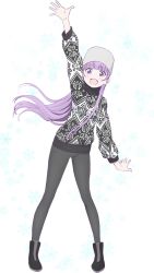 Rule 34 | 1girl, :d, arm up, black footwear, black pants, floating hair, full body, grey hat, hat, highres, long hair, makicha, new game!, open mouth, pants, purple eyes, purple hair, simple background, smile, solo, standing, suzukaze aoba, sweater, very long hair, white background