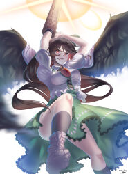 Rule 34 | 1girl, absurdres, arm cannon, arms up, bird wings, black socks, black wings, bow, breasts, brown eyes, brown hair, buttons, cape, center frills, collared shirt, commentary request, control rod, foot out of frame, frilled shirt, frilled shirt collar, frilled skirt, frills, green bow, green skirt, hair bow, highres, large breasts, long hair, looking at viewer, open mouth, puffy short sleeves, puffy sleeves, reiuji utsuho, shirt, short sleeves, simple background, skirt, smile, socks, solo, third eye, touhou, very long hair, weapon, white background, white cape, white shirt, wings, yujin (kanouyuuto-0423)