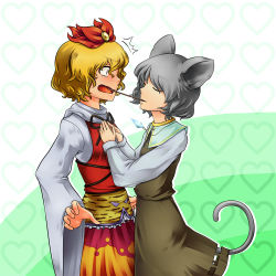 Rule 34 | 2girls, 33kudo, animal ears, bbb (33kudo), blonde hair, female focus, food, hair ornament, jewelry, mouse ears, mouse tail, multiple girls, nazrin, pendant, pocky, pocky kiss, shared food, short hair, tail, toramaru shou, touhou, yellow eyes