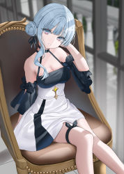 Rule 34 | 1girl, bare shoulders, blue eyes, blue hair, breasts, cleavage, commentary, commission, detached sleeves, english commentary, feet out of frame, hair bun, hand up, head tilt, high-waist skirt, highres, lloule, long hair, looking at viewer, medium breasts, on chair, original, parted lips, pixiv commission, short sleeves, single side bun, single sidelock, sitting, skirt, smile, solo