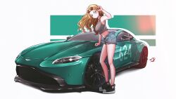 Rule 34 | 1girl, absurdres, aston martin, aston martin vantage, black footwear, blush, car, commentary, cropped shirt, emma greene, english commentary, eyewear on head, floating hair, green eyes, grey shirt, highres, jewelry, long hair, looking at viewer, mf ghost, mizzterbii, motor vehicle, necklace, race vehicle, racecar, shadow, shirt, shoes, short shorts, shorts, signature, sleeveless, sleeveless shirt, smile, sneakers, solo, sunglasses, vehicle focus