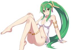 Rule 34 | 1girl, arm support, armlet, artemis (p&amp;d), ass, bad id, bad twitter id, barefoot, blush, breasts, commentary request, feet, green eyes, green hair, hair ornament, jewelry, large breasts, legs up, long hair, looking at viewer, matching hair/eyes, navel, ponytail, puuzaki puuna, puzzle &amp; dragons, simple background, sitting, smile, solo, swimsuit, thigh strap, toes, very long hair, white background